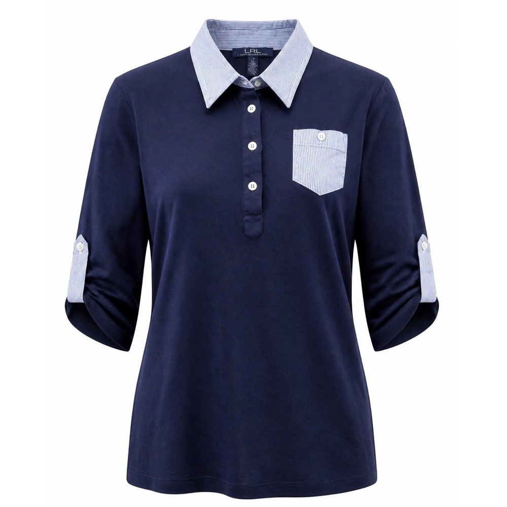 Lauren Ralph Lauren 3/4 Sleeve Popover Polo Shirt Womens 1X Blue Nautical Preppy